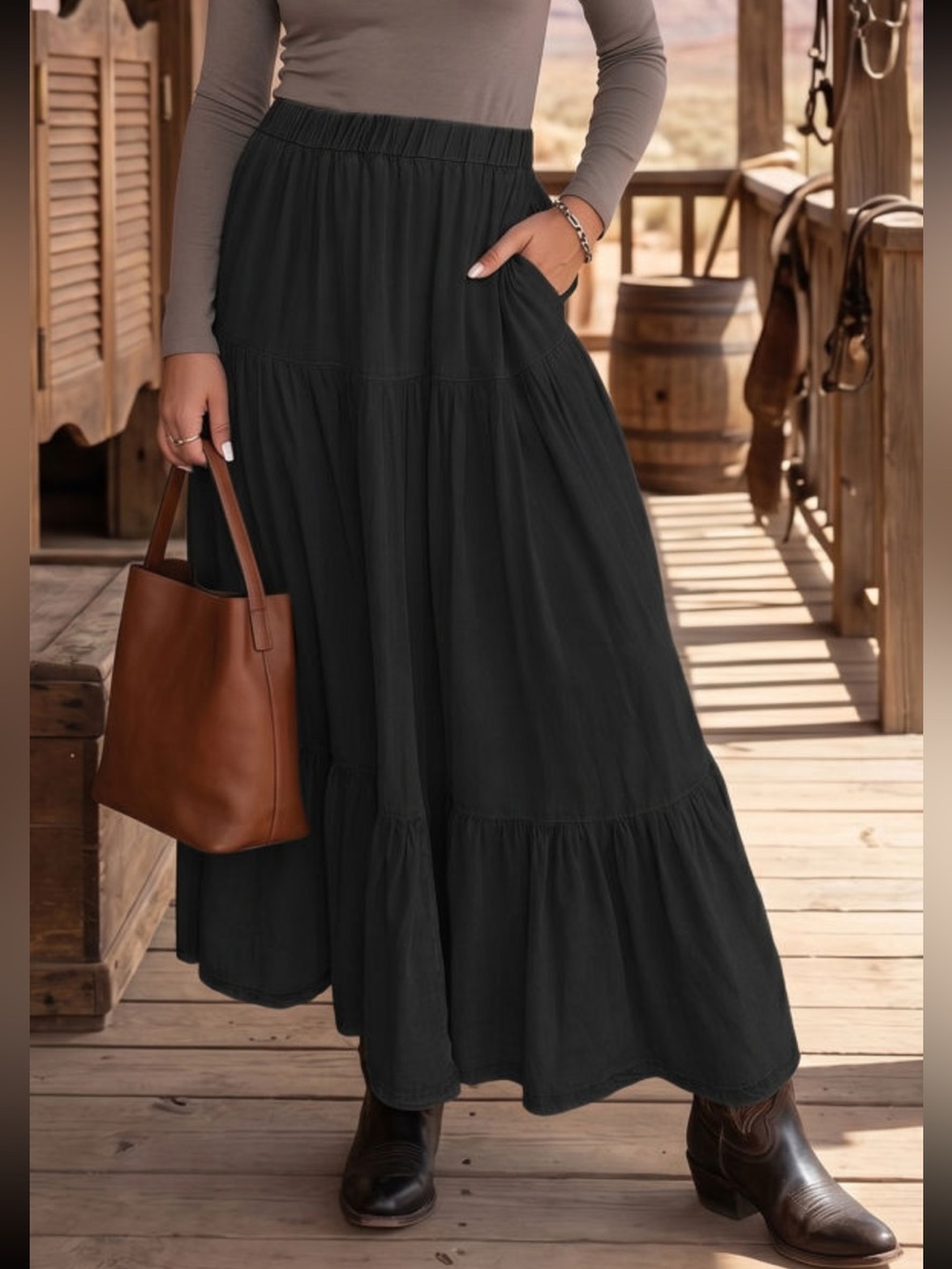 1306. Black elastic waist ruffled tiered denim chambray maxi skirt